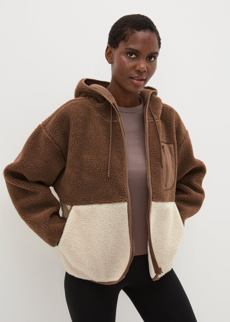 Brown Colour Block Borg Jacket