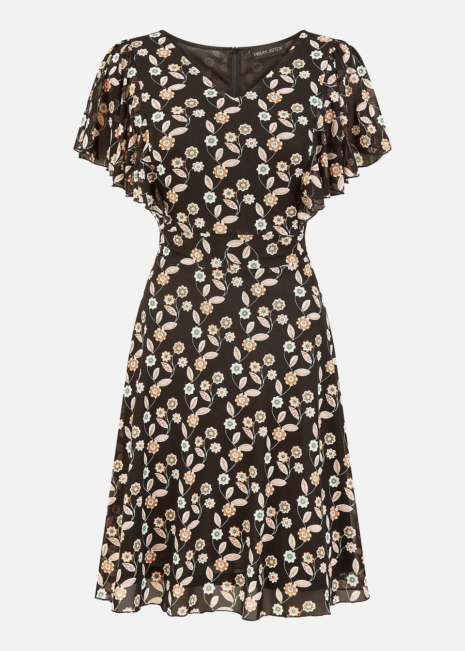 Mela Black Leaf Print Mesh Stretch Skater Dress