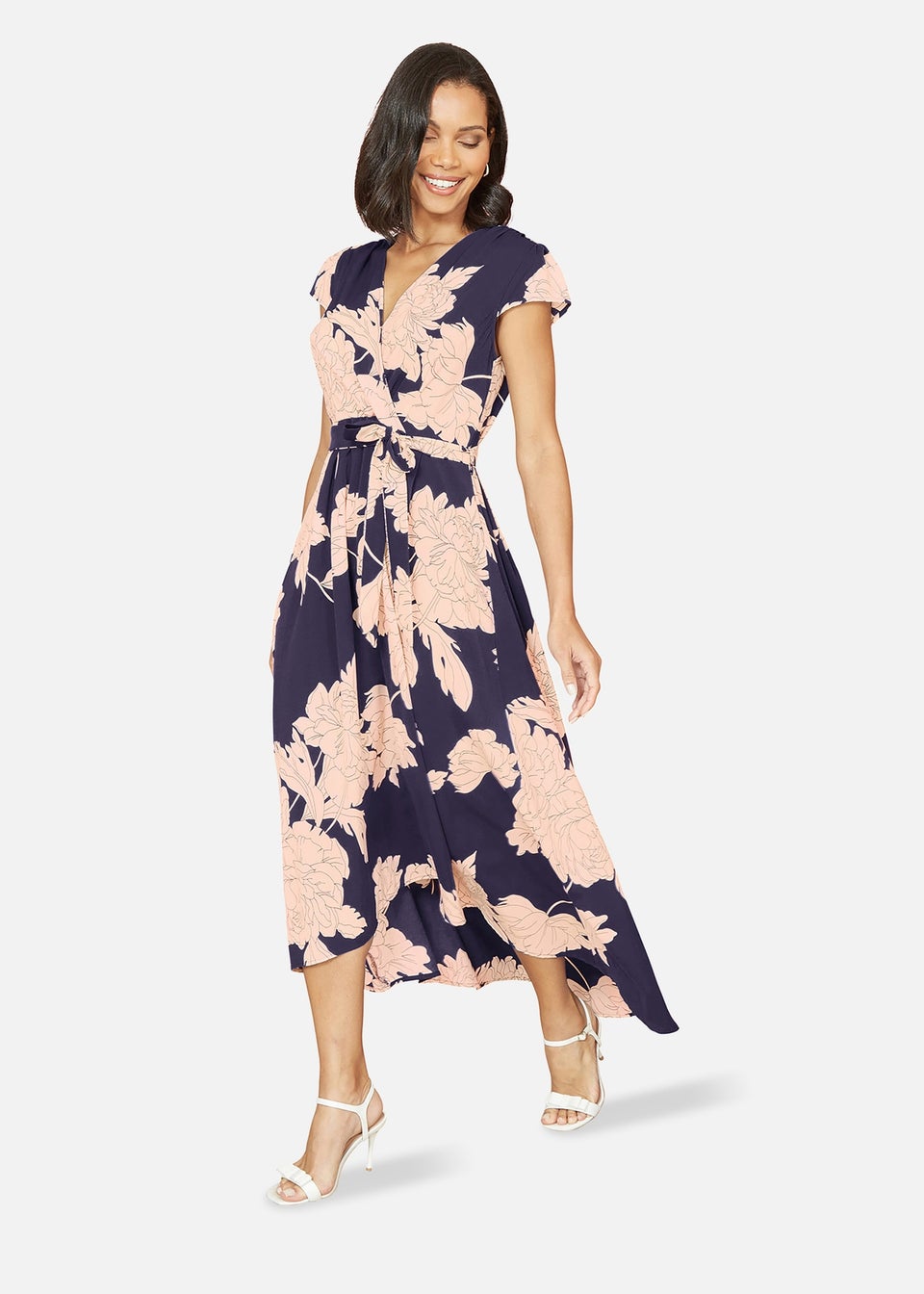Mela Navy Blossom Print Wrap Midi With Dipped Hem - Matalan