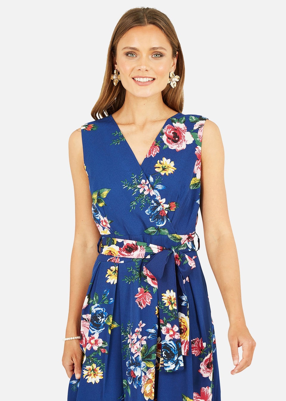 Mela Navy Floral Wrap Over Midi Skater Dress - Matalan