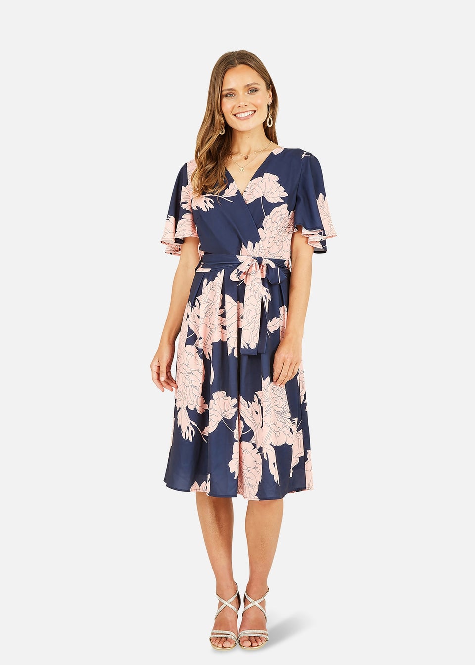 Mela Navy Blossom Print Wrap Skater Dress