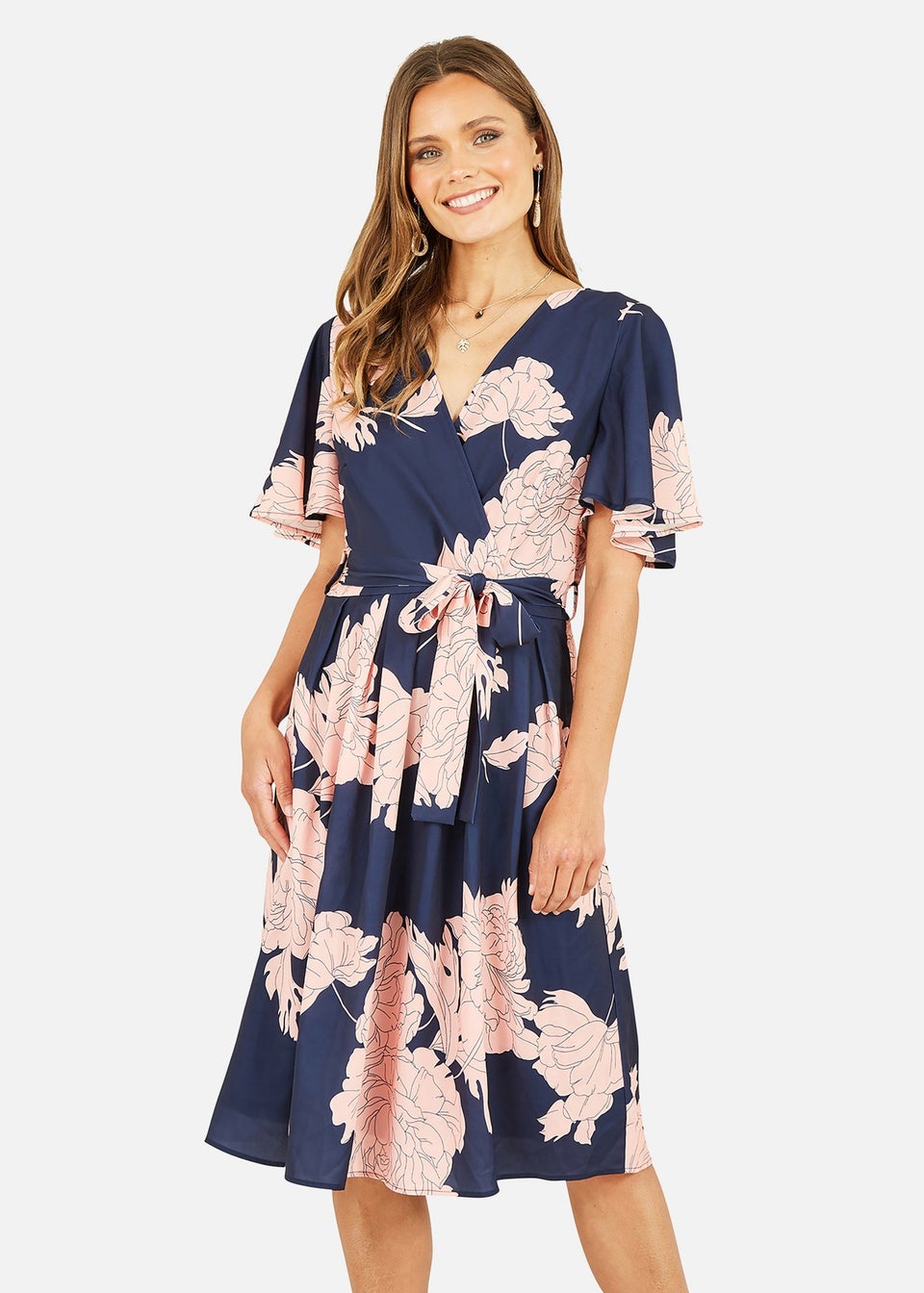 Mela Navy Blossom Print Wrap Skater Dress