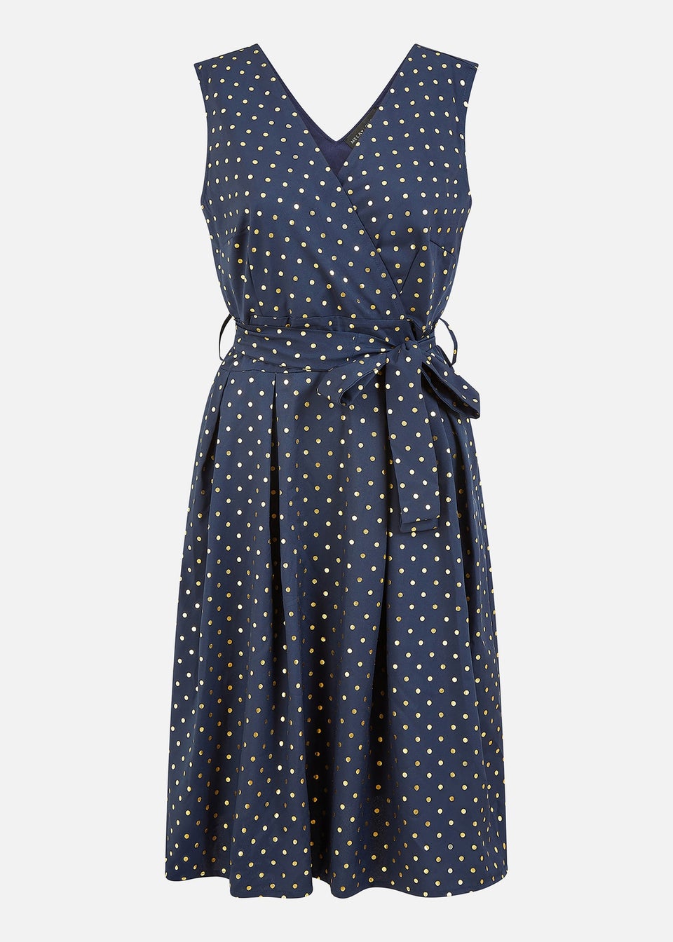 Mela Navy Spot Wrap Over Skater Dress