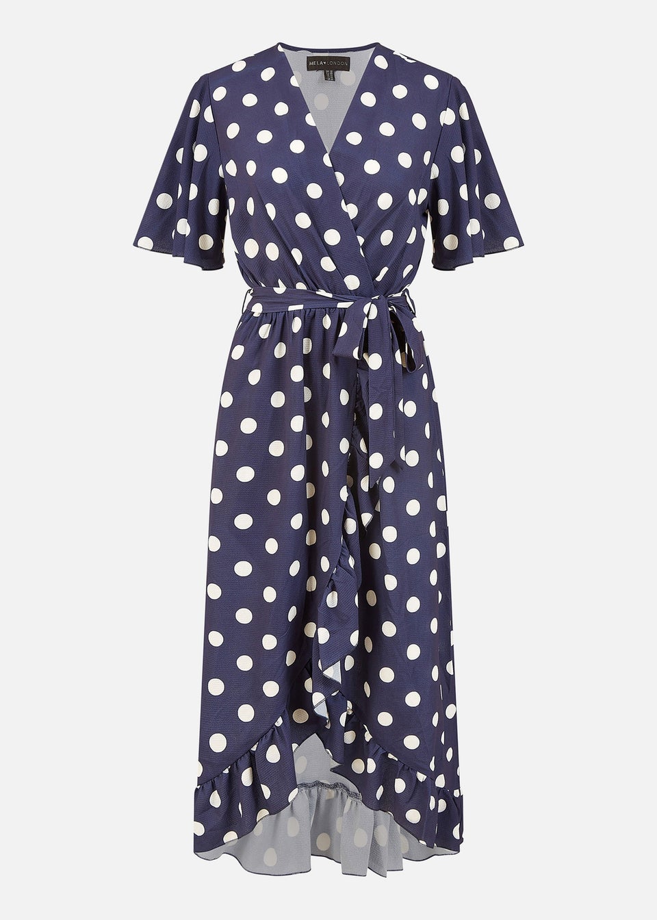 Mela Navy Spot Print Wrap Midi Dress With Frill Detail - Matalan
