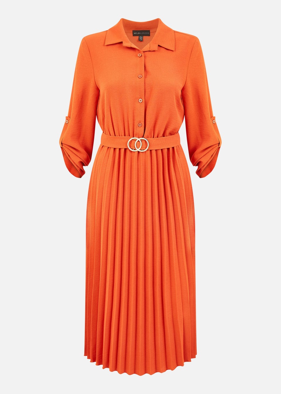 Mela Burnt Orange Pleated Skirt Midi Dress With Gold Buckle