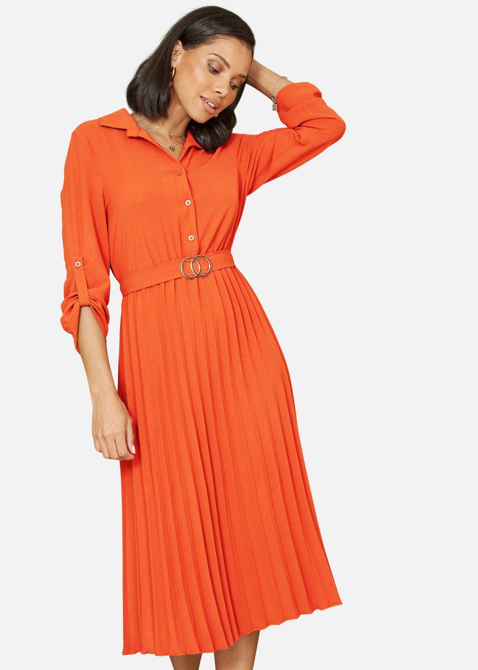 Mela Burnt Orange Pleated Skirt Midi Dress With Gold Buckle - Matalan