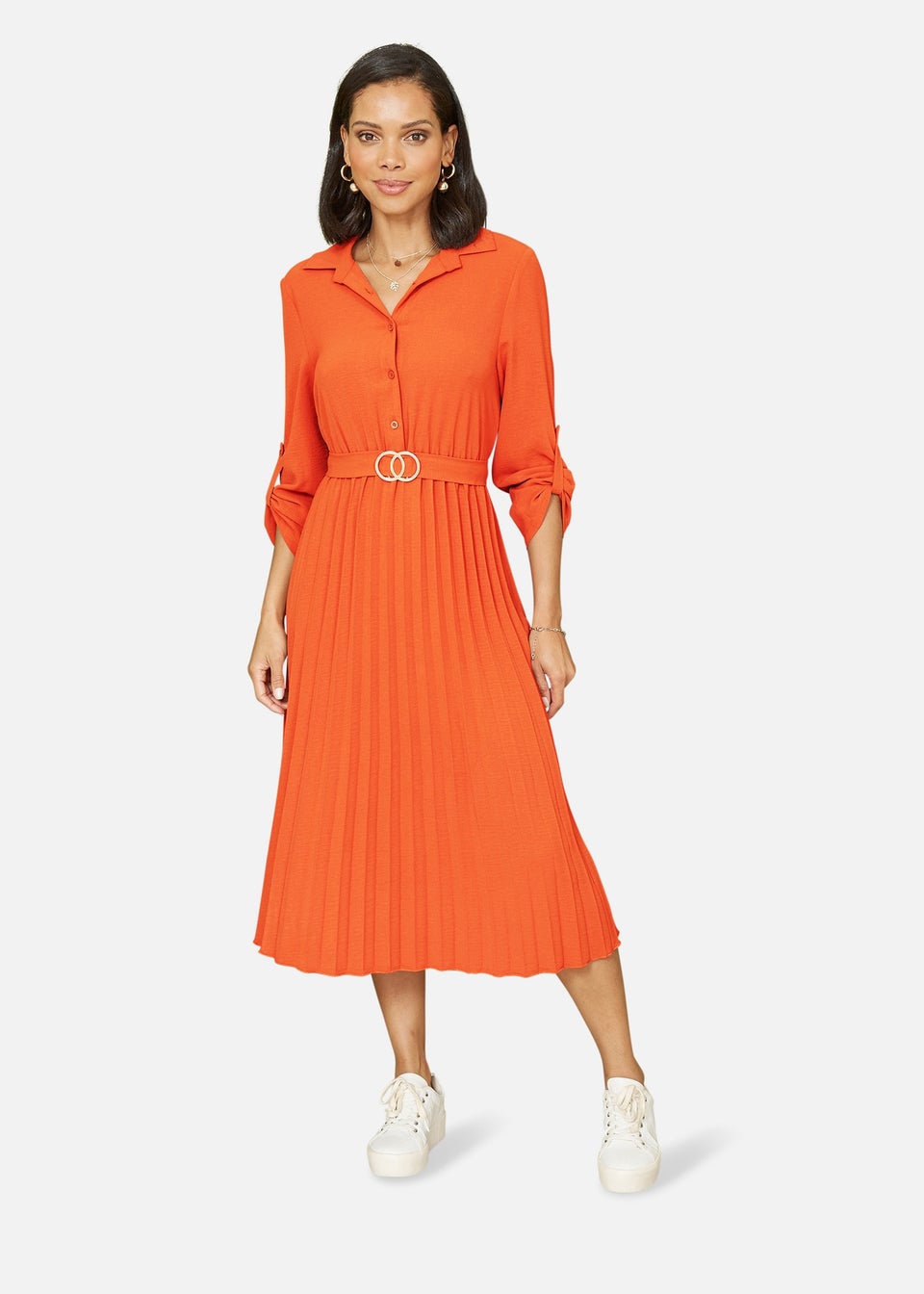 Mela Burnt Orange Pleated Skirt Midi Dress With Gold Buckle - Matalan