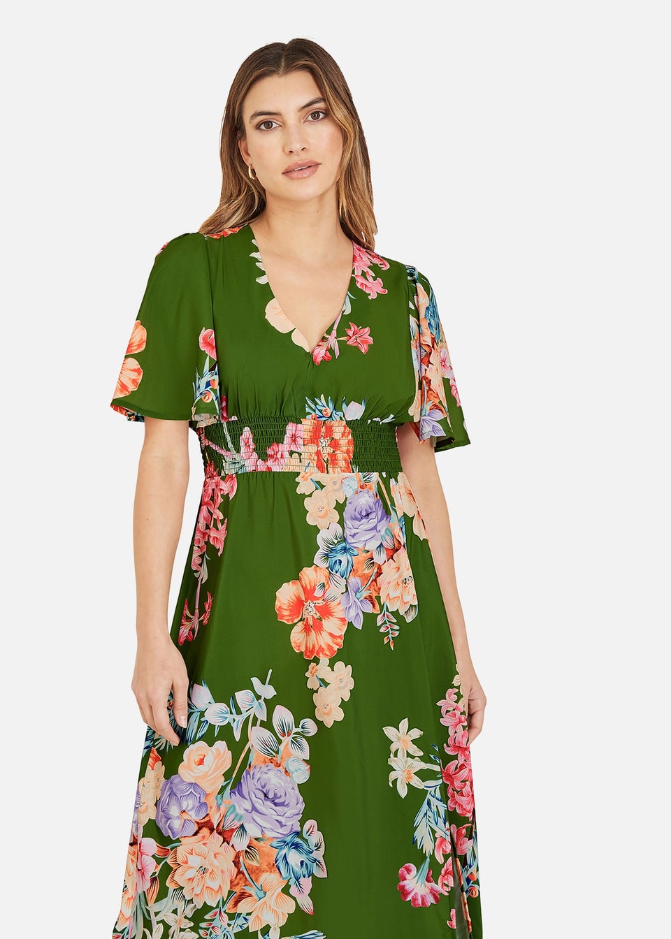 Mela Green Floral Ruched Waist Maxi Dress With Split Hemline - Matalan