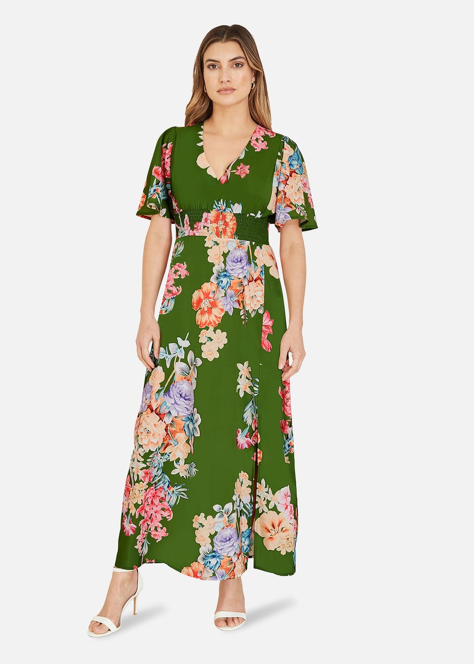 Mela Green Floral Ruched Waist Maxi Dress With Split Hemline - Matalan