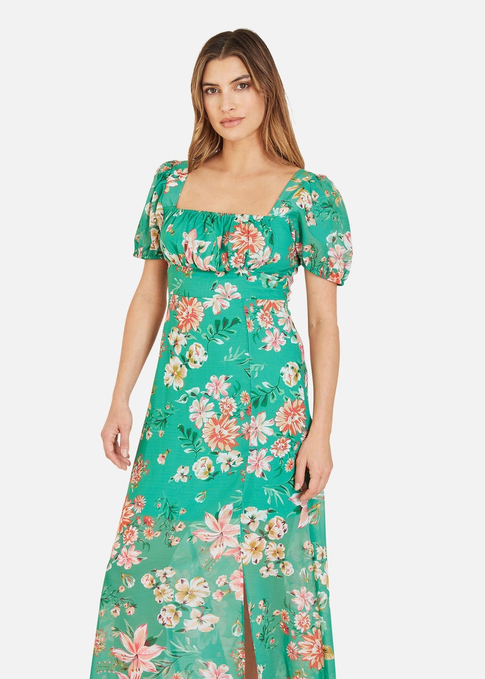 Yumi Green Floral Print Square Neck Maxi Dress With Split Hemline - Matalan