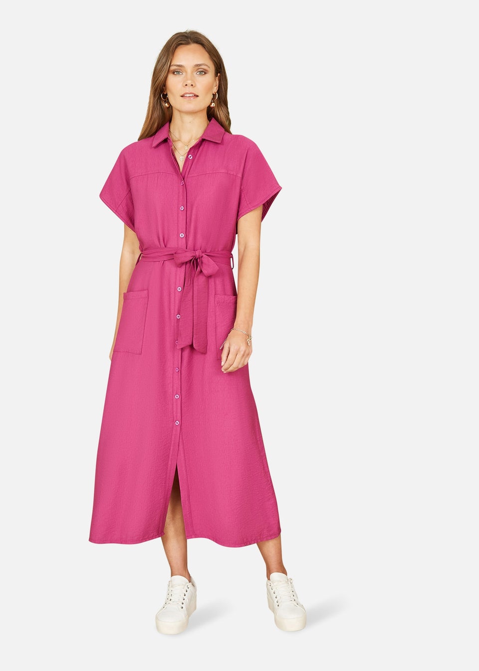 Yumi Pink Viscose Relaxed Midi Shirt Dress With Pockets - Matalan
