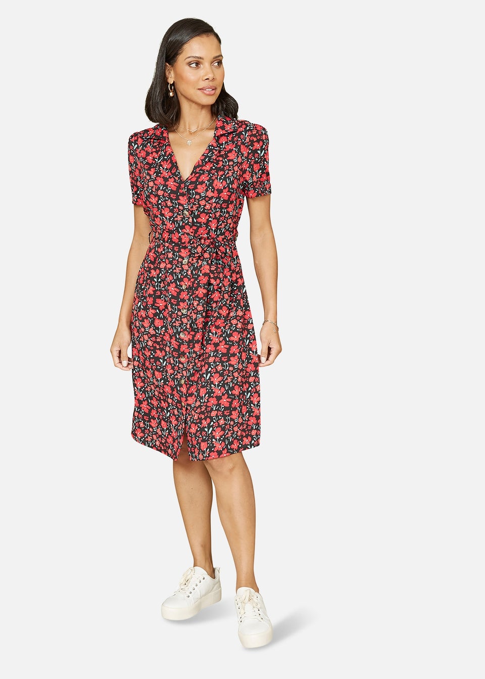 Yumi Red Poppy Print Retro Shirt Dress Matalan