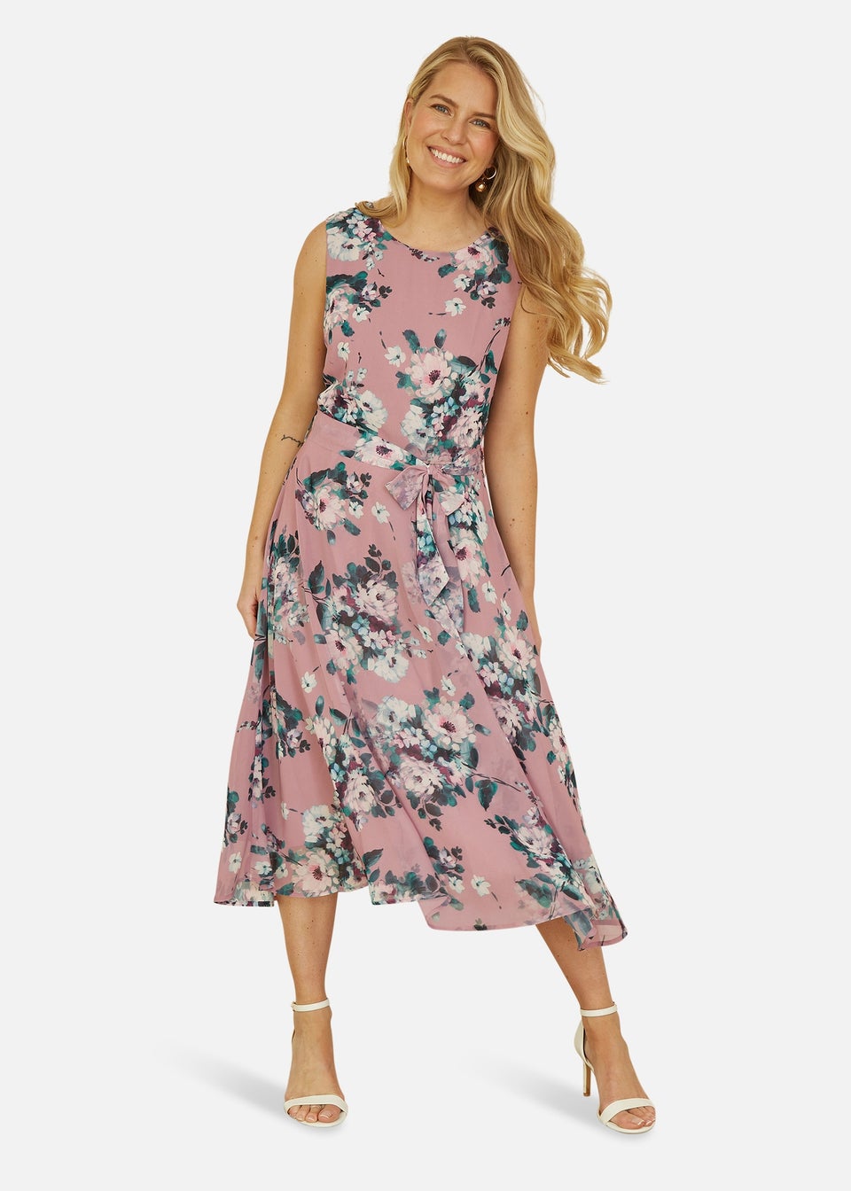 Yumi Pink Watercolour Floral Midi Skater Dress Matalan