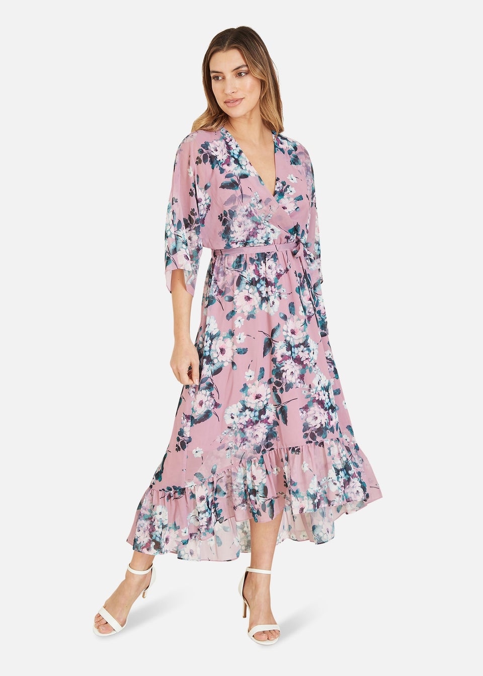 Yumi Pink Floral Kimono Dipped Hem Dress - Matalan