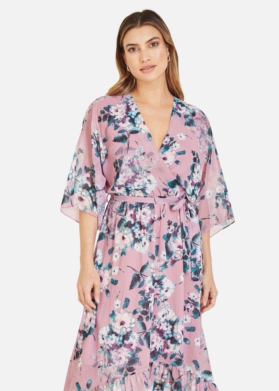 Yumi Pink Floral Kimono Dipped Hem Dress - Matalan