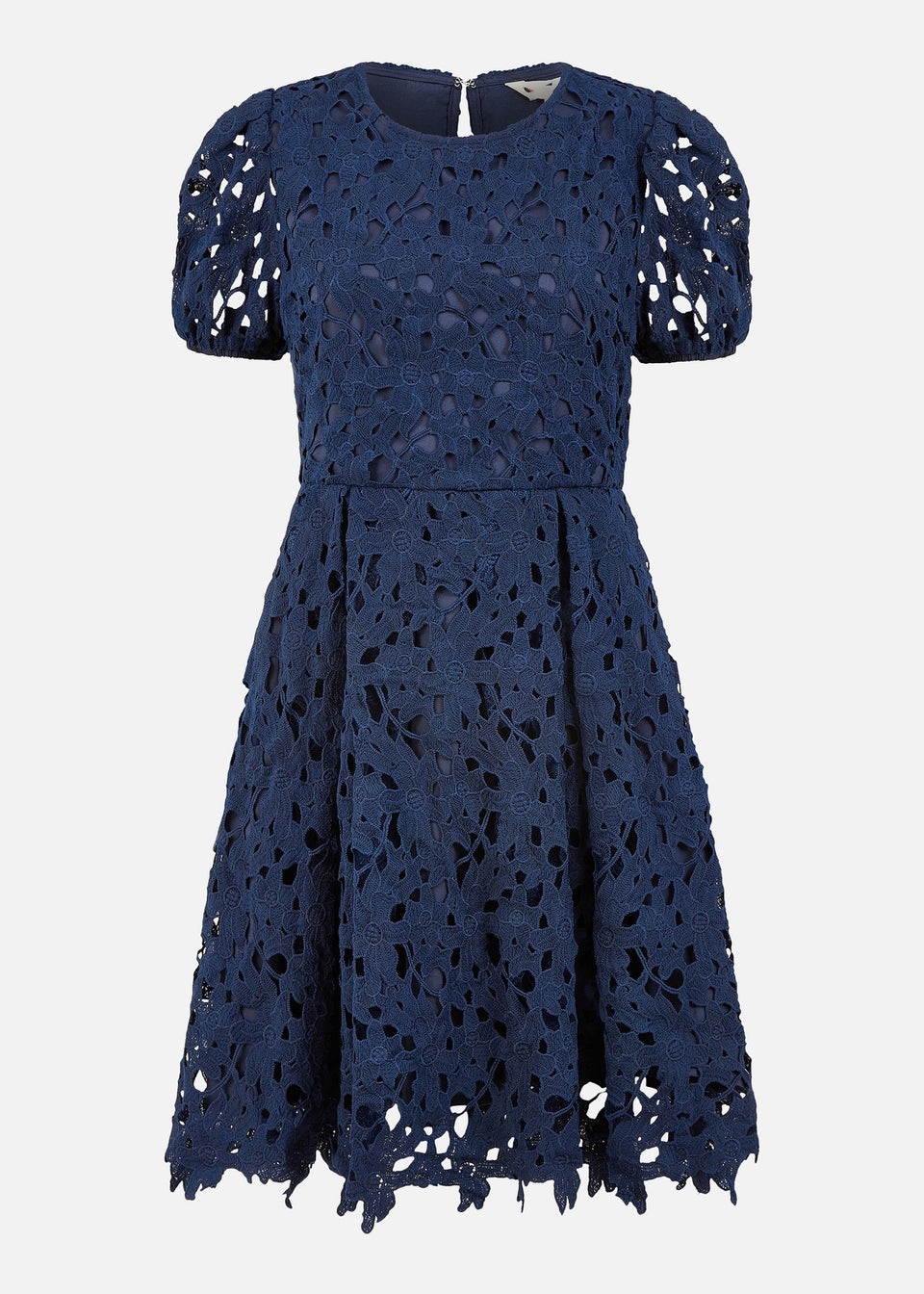 Yumi Navy Lace Skater Dress With Puff Sleeves