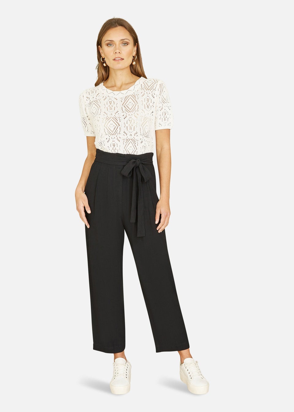 Yumi Black Linen Blend Tie Waist Trousers Matalan