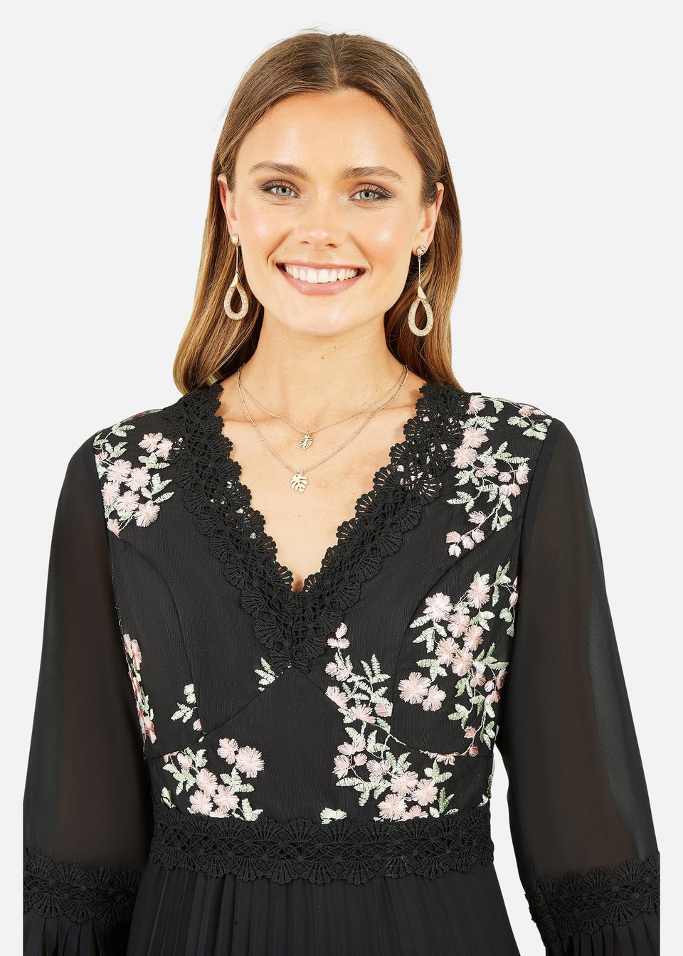 Yumi Black Embroidered Panel Midi Dress With Pleats