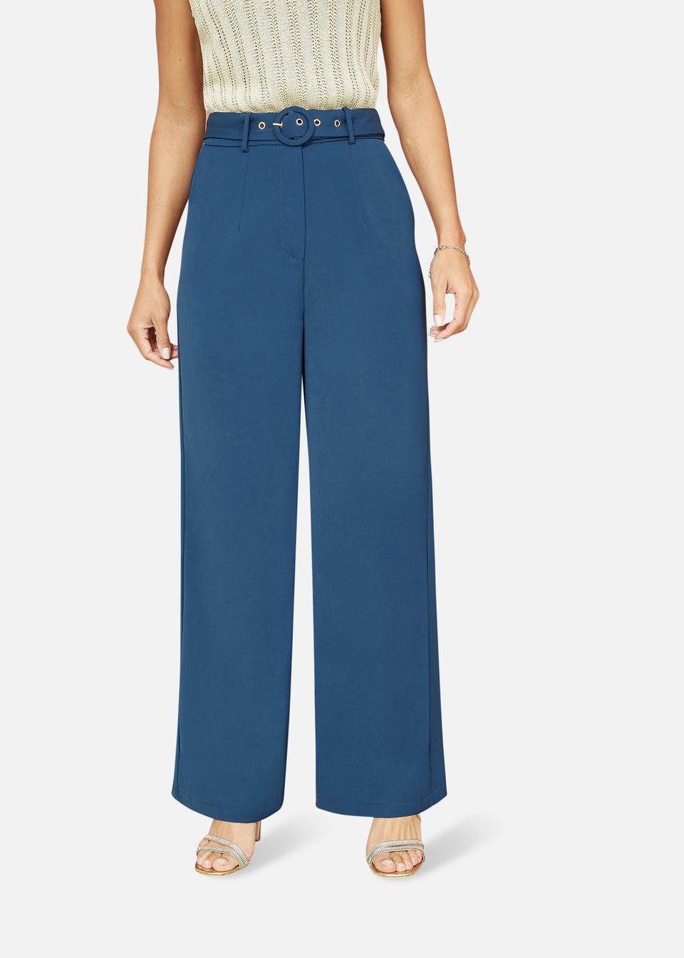 Yumi Navy Straight Leg Crepe Trousers With Belt