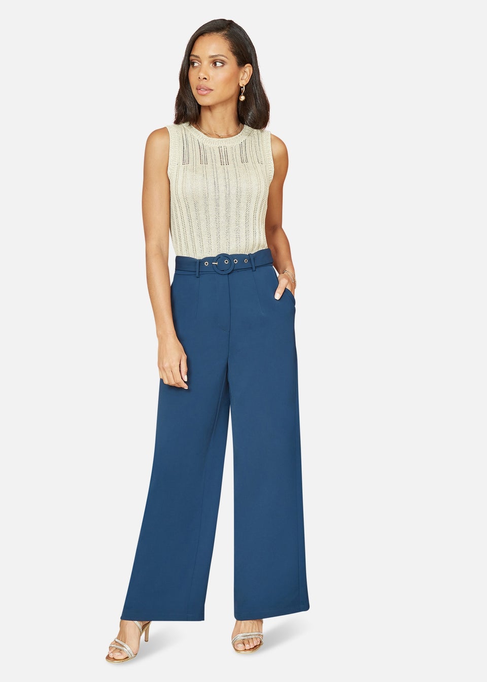 Yumi Navy Straight Leg Crepe Trousers With Belt