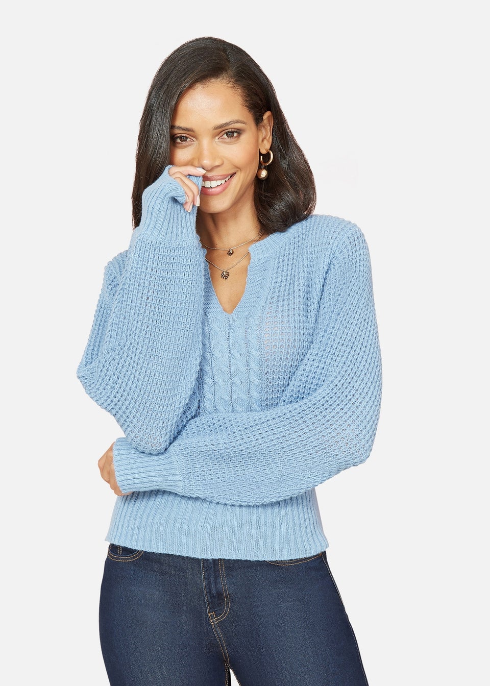 Yumi Blue Balloon Sleeve Cable Knit V Neck Jumper