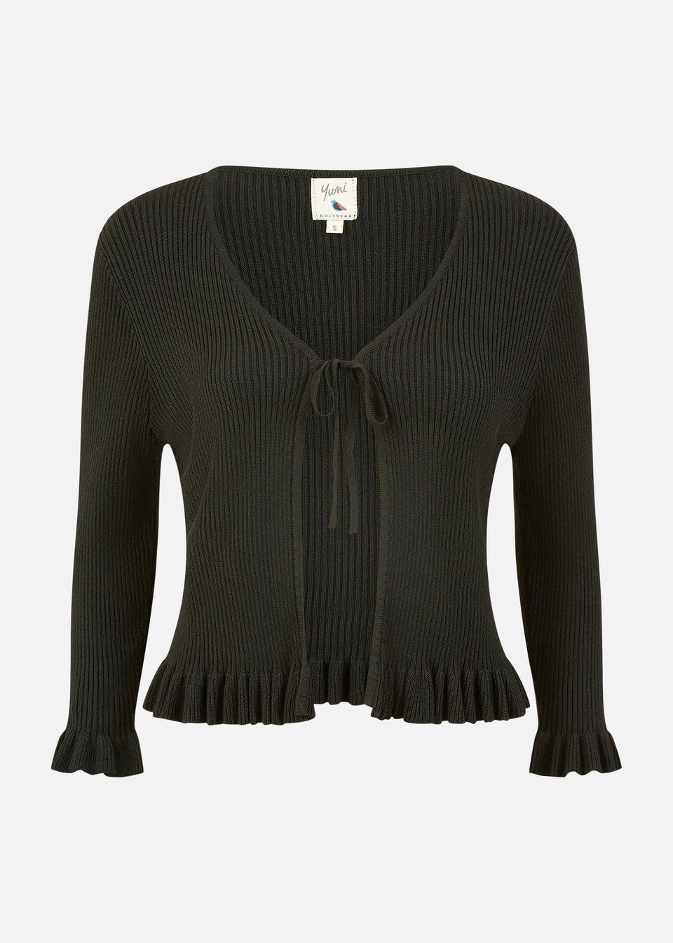 Yumi Black Tie Up Ribbed Cardigan With Frill Hem