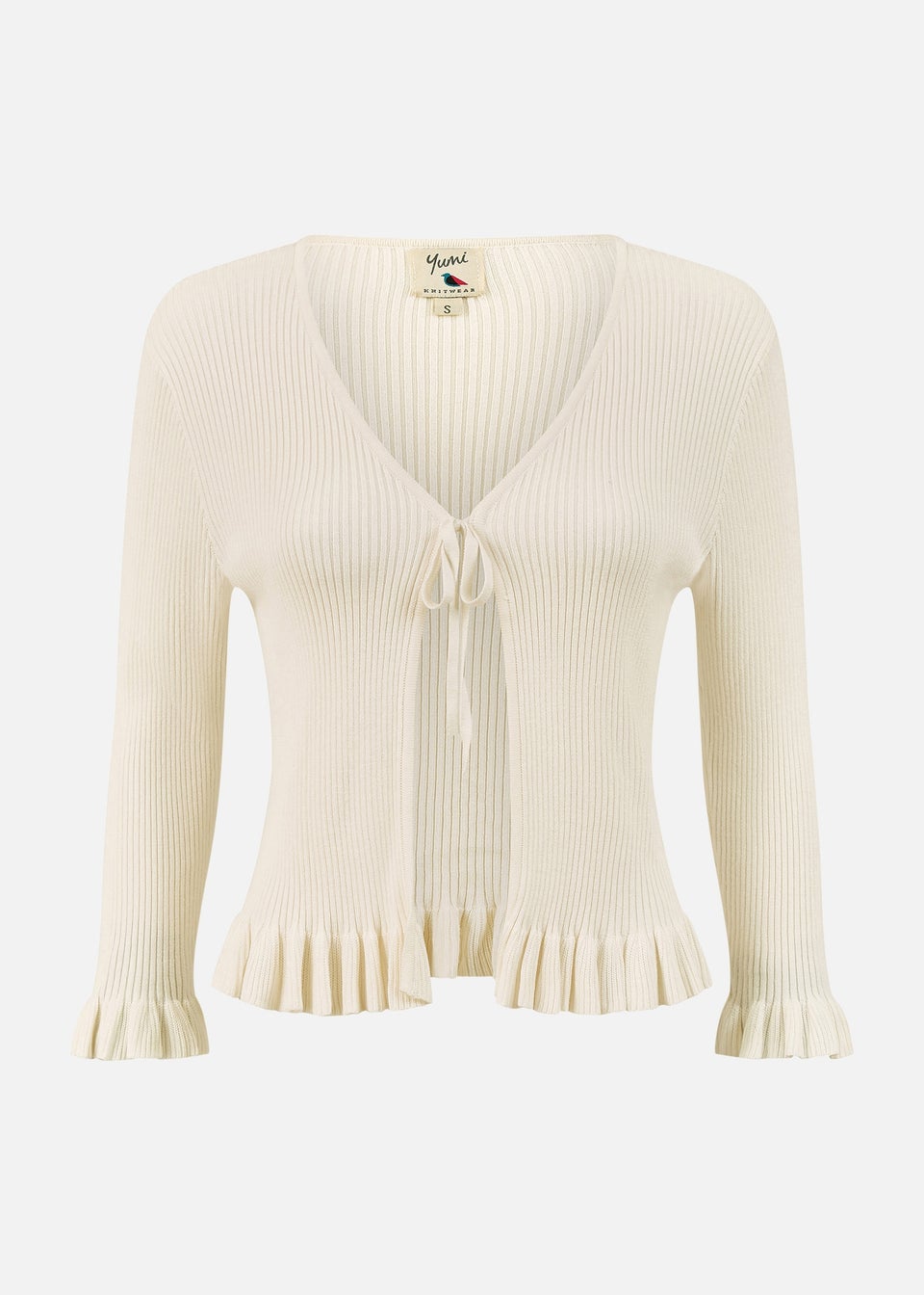 Yumi Ivory Tie Up Ribbed Cardigan With Frill Hem Matalan