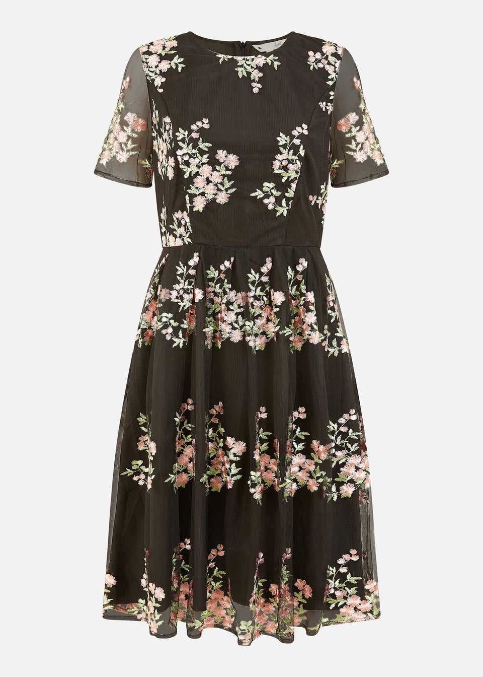 Yumi Black Embroidered Floral Skater Dress