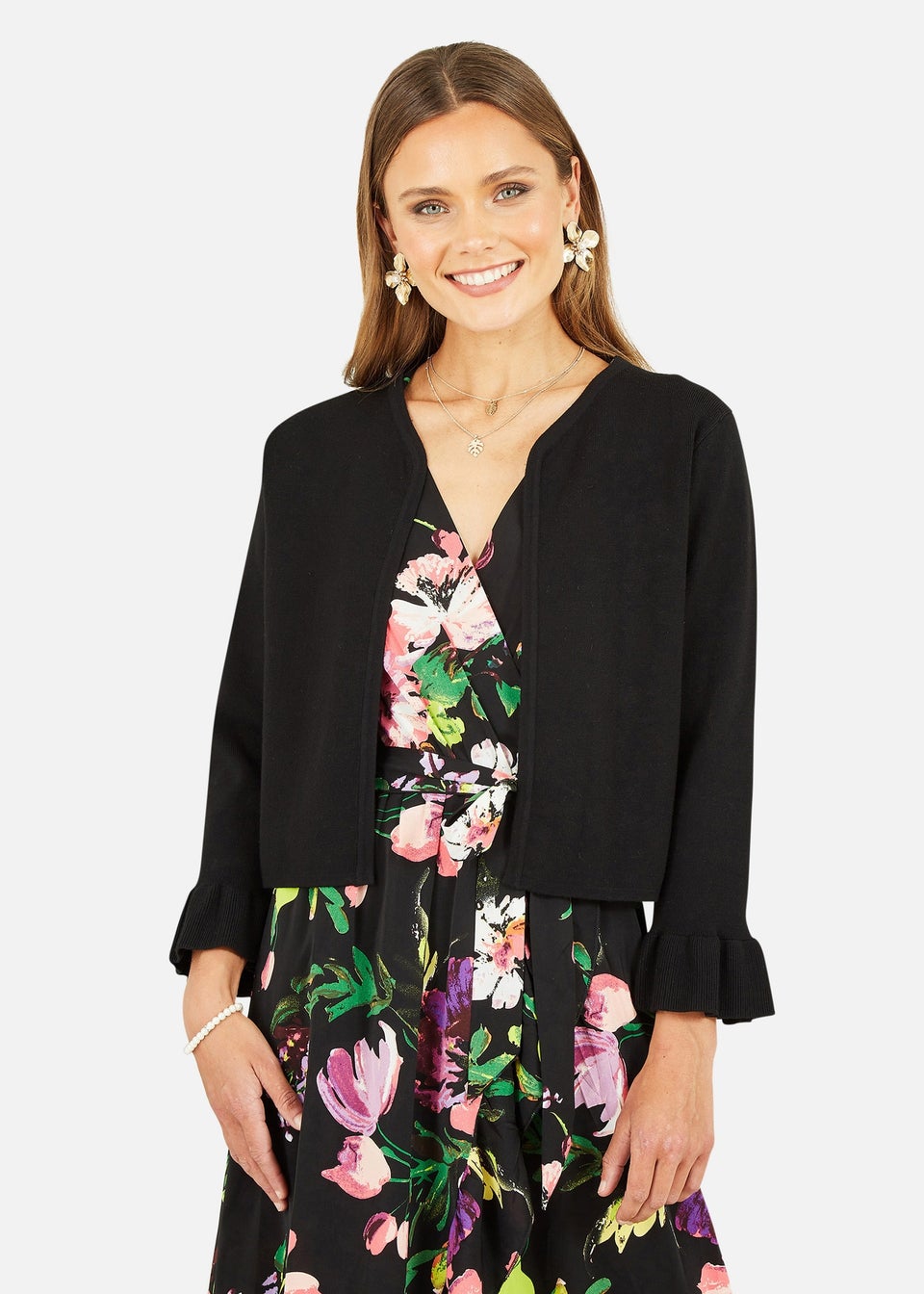 Yumi Black Cropped Cardigan With Bell Sleeves