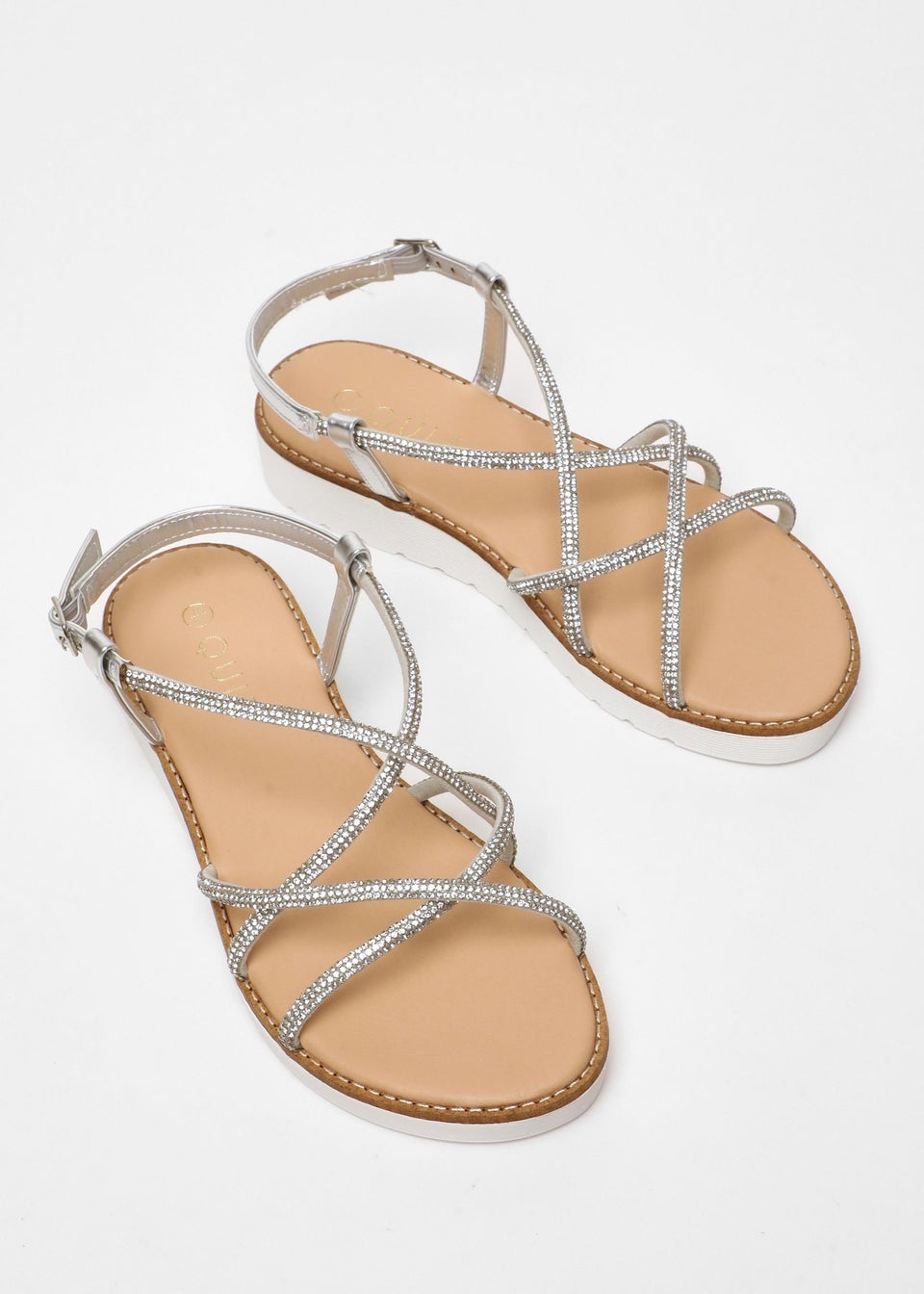 Quiz Silver Diamante Cross Strap Flatform Sandals