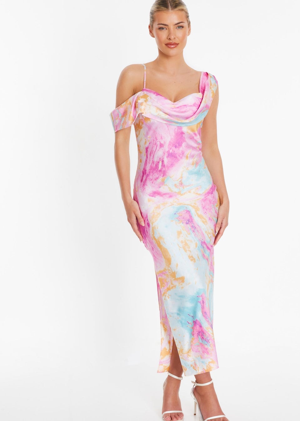 Quiz Pink Marble Print Satin Midaxi Dress