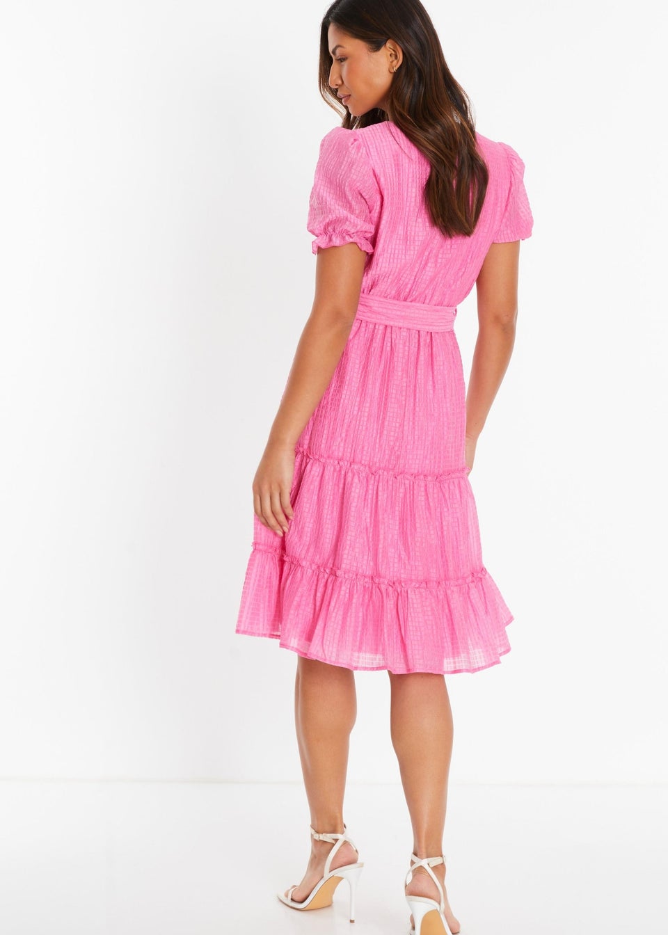 Quiz Pink Textured Frill Skater Midi Dress