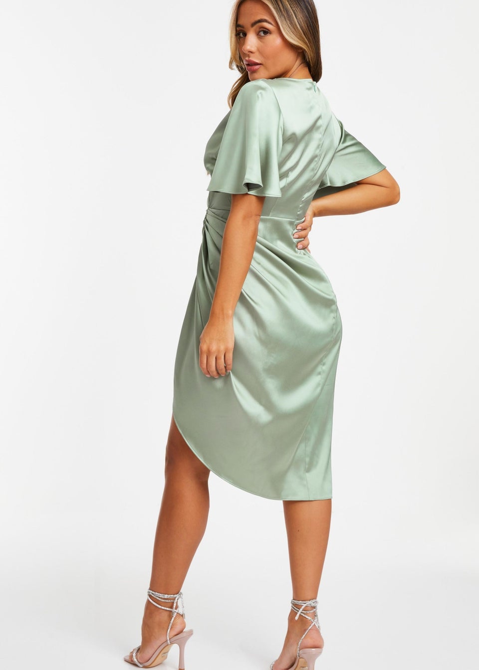 Quiz Green Petite Satin Ruched Wrap Midi Dress