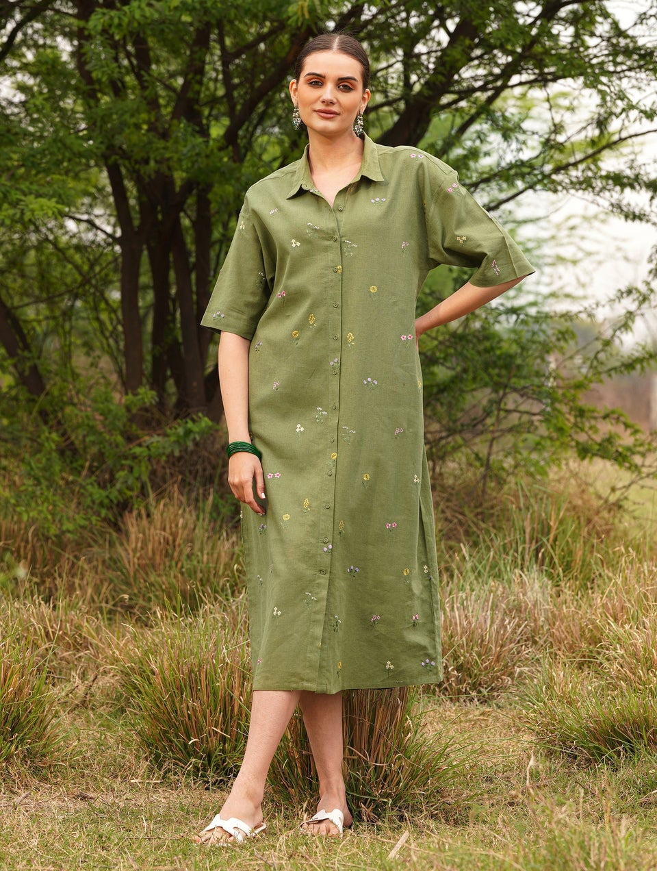 Women Olive Green Cotton Linen Embroidered Shirt Collar Dress Jaypore US