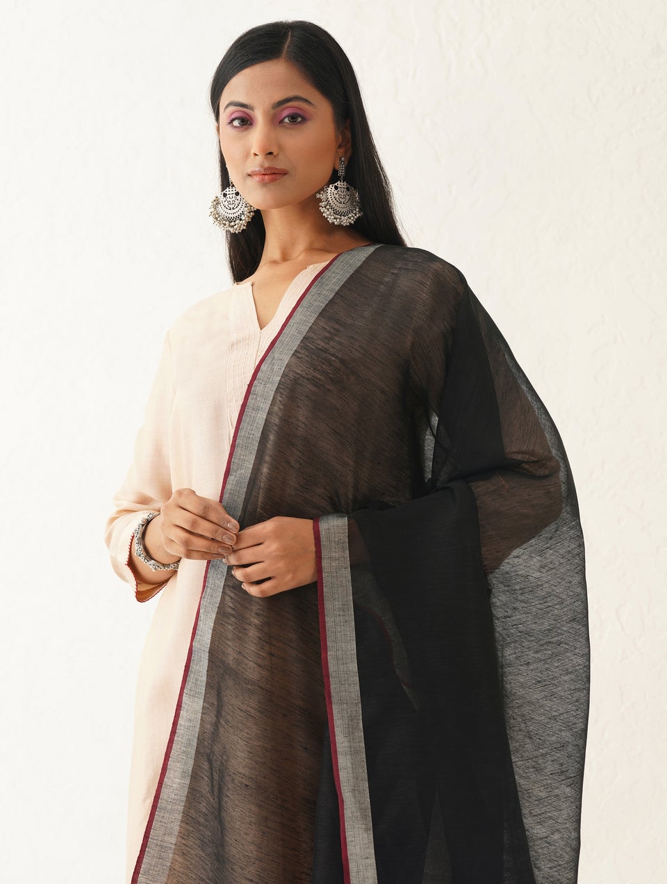 Women Black Linen Hand Woven Dupatta