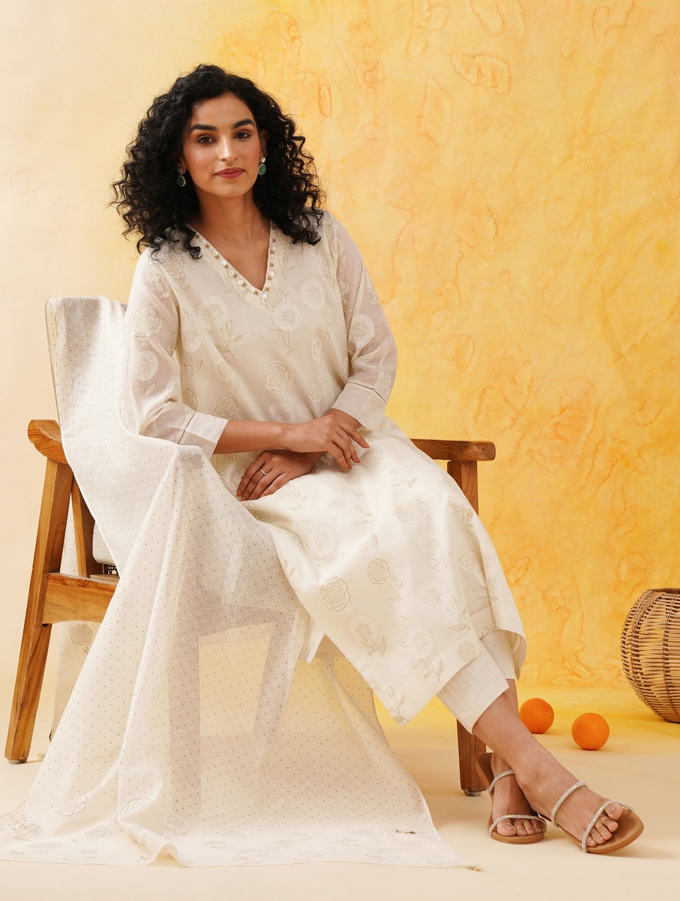Women Ivory Cotton Silk Block Print V Neck Kurta