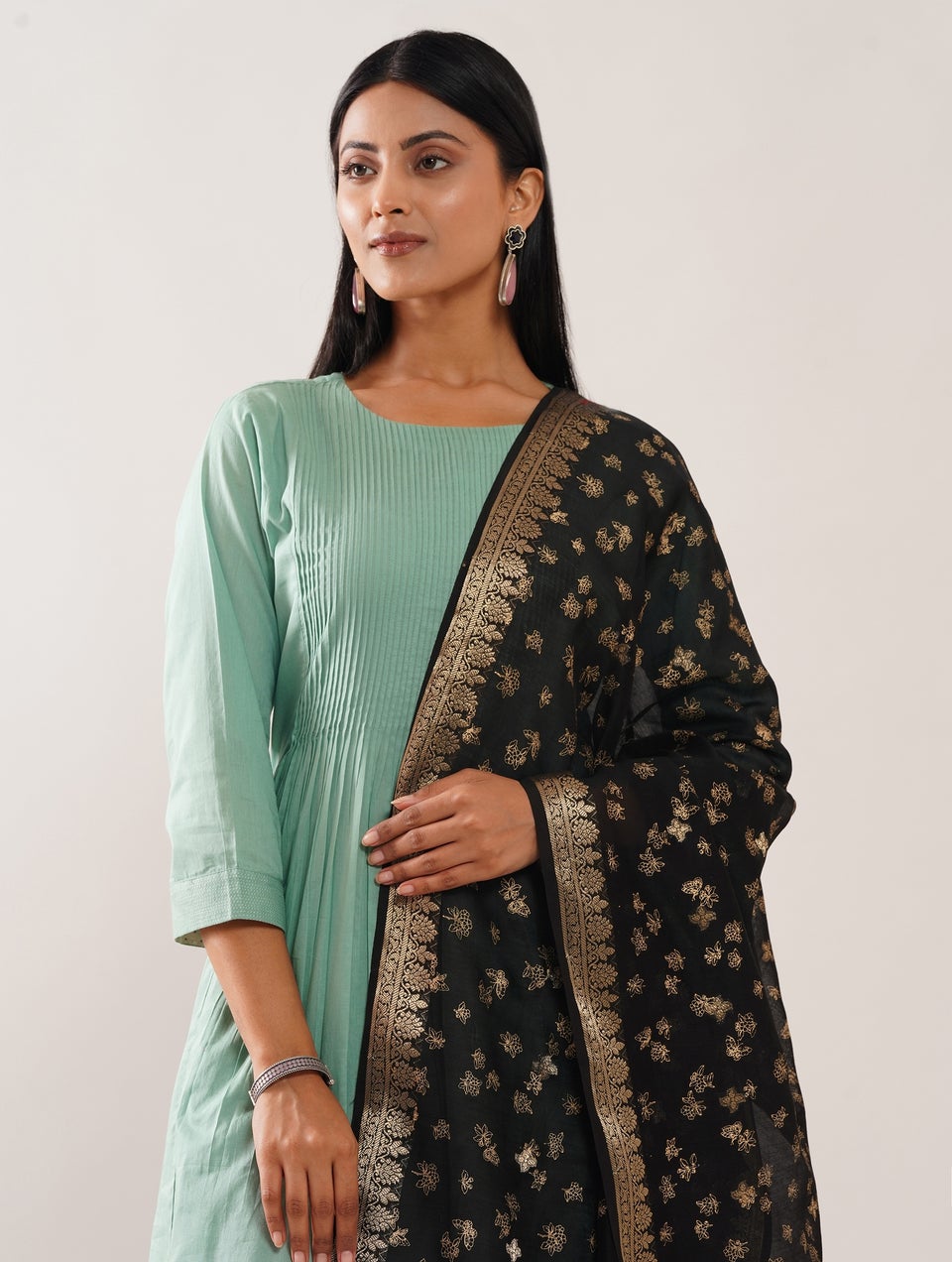 Women Black Cotton Silk Printed Dupatta