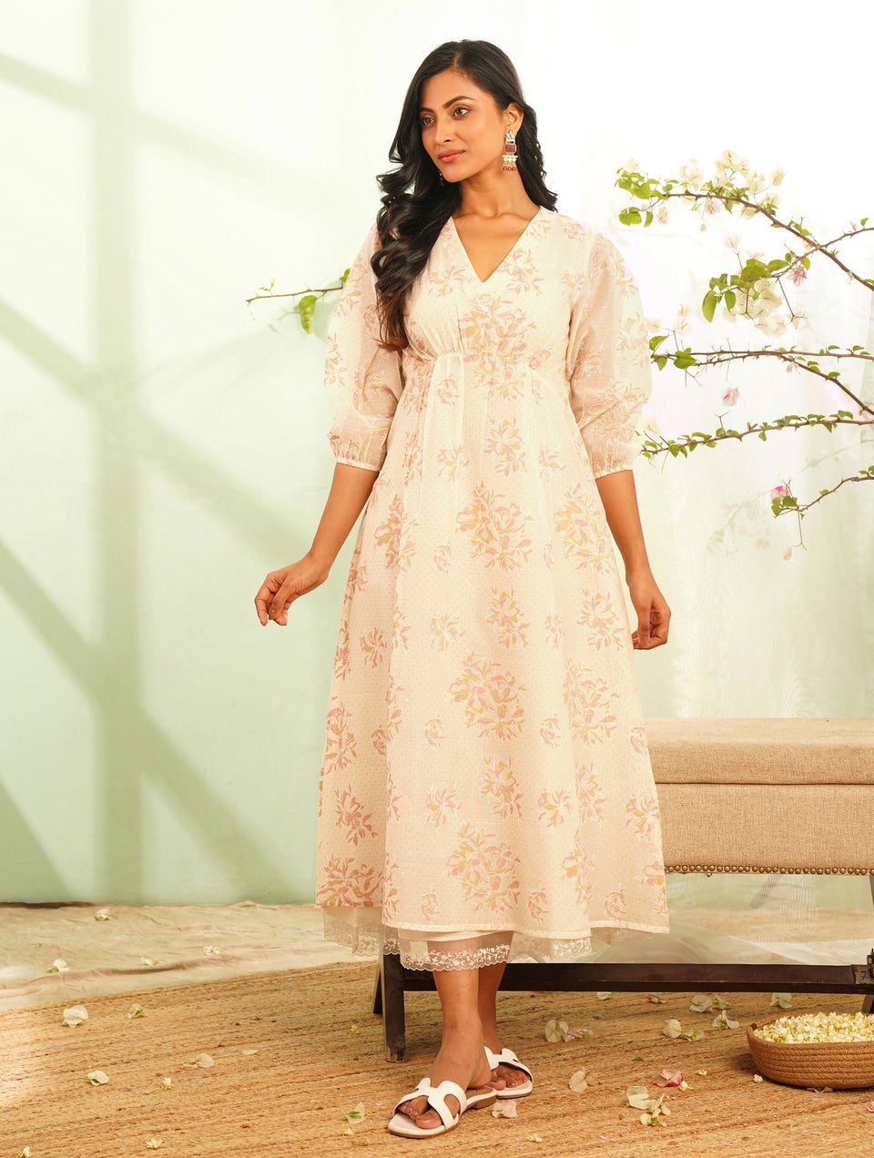 Women Pink Cotton Silk V Neck Block Print Dress Jaypore US