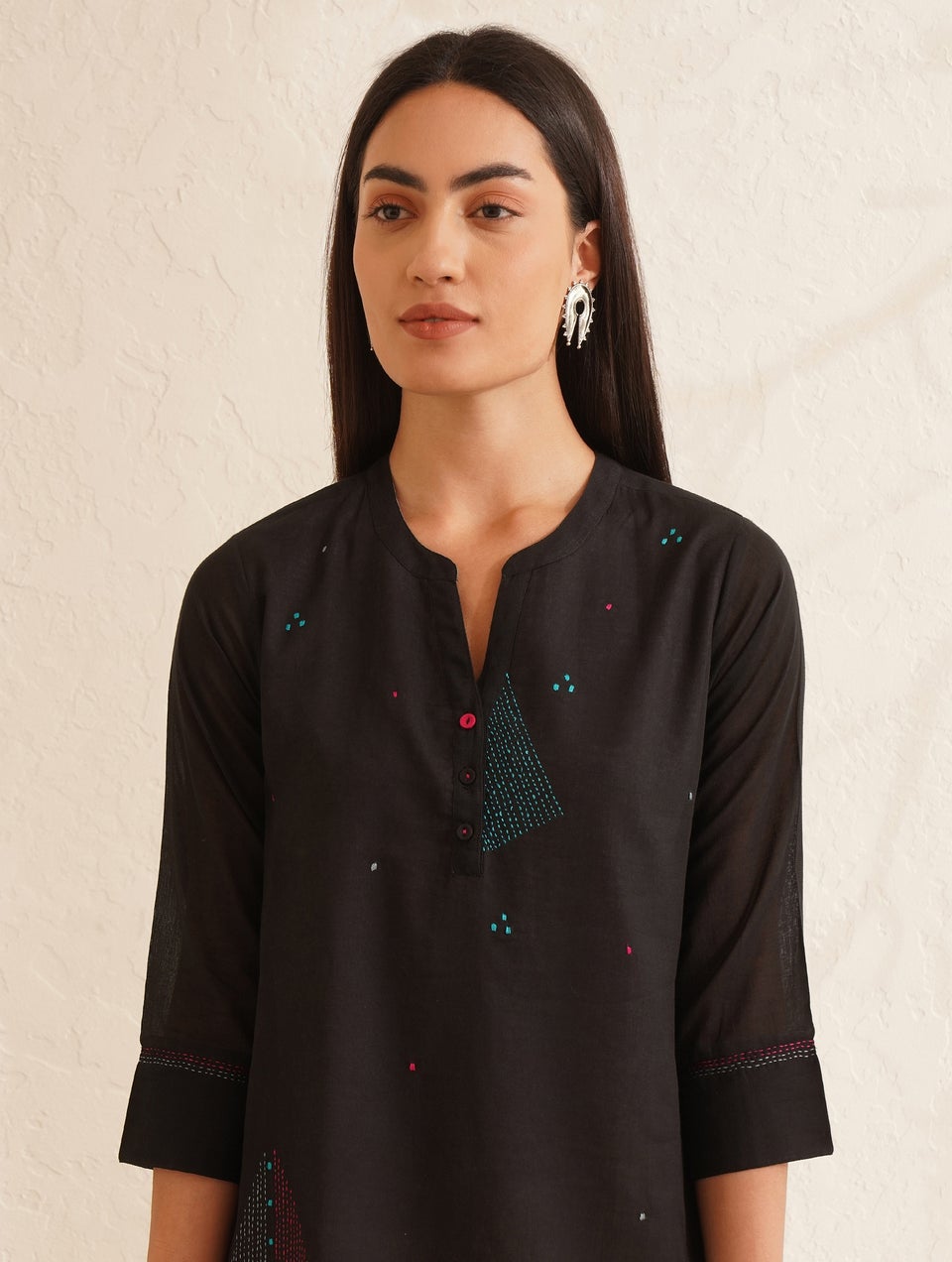 Women Black Cotton Embroidered Mandarin Collar Regular Fit