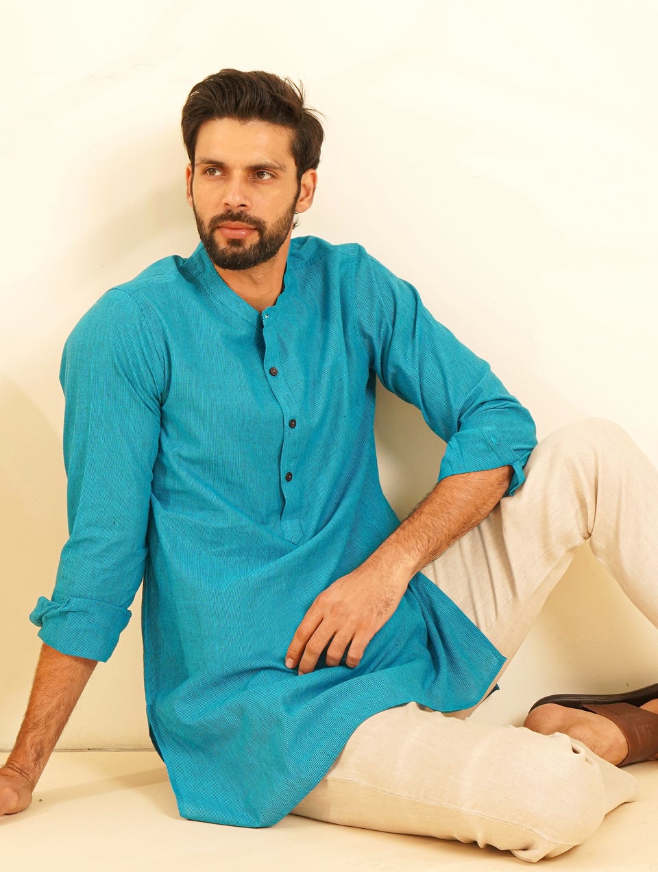 Men Blue Cotton Mandarin Collar Kurta Jaypore US
