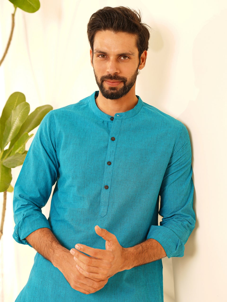 Men Blue Cotton Mandarin Collar Kurta - 38