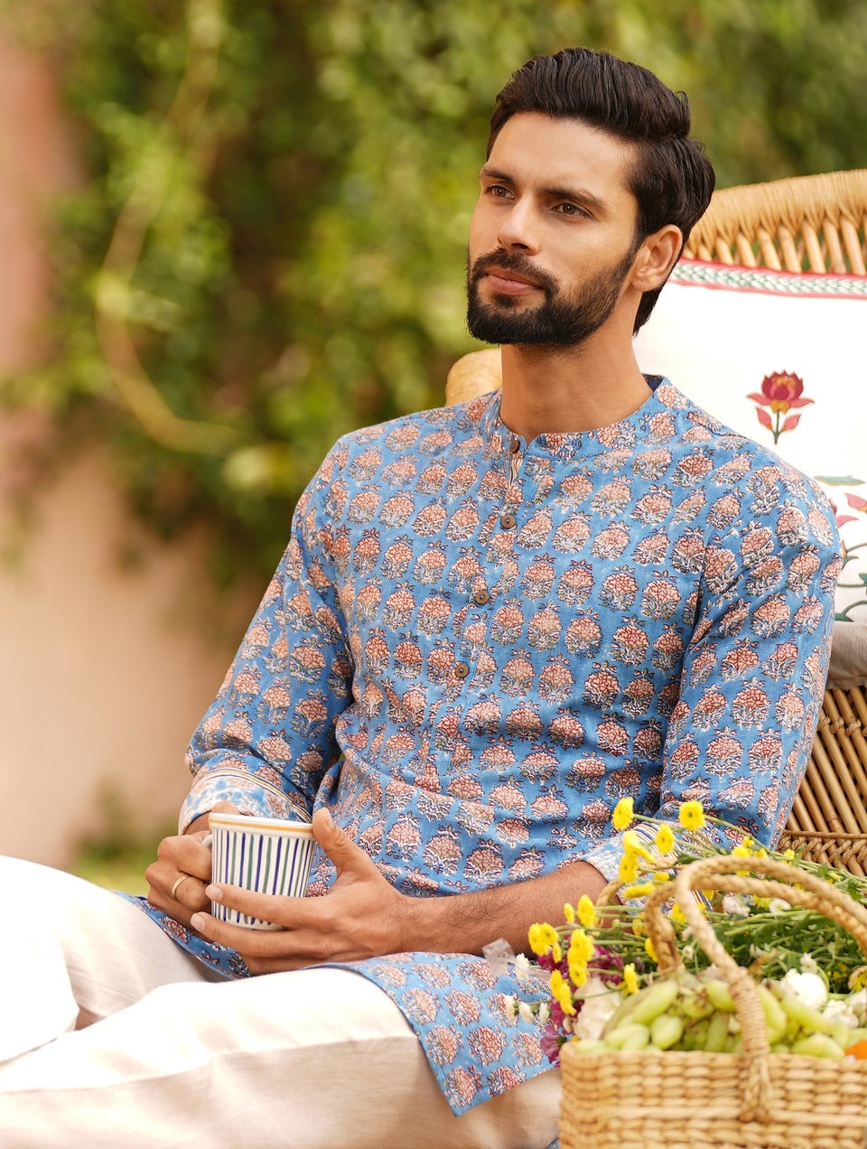 Men Multicolour Cotton Block Print Chinese Collar Kurta - 38