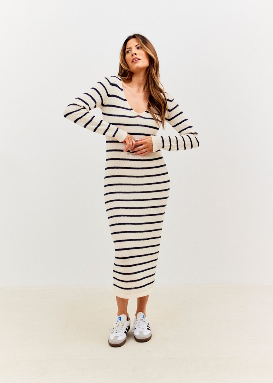 In The Style Cream Stripe Knit V-Neck Midi Dress