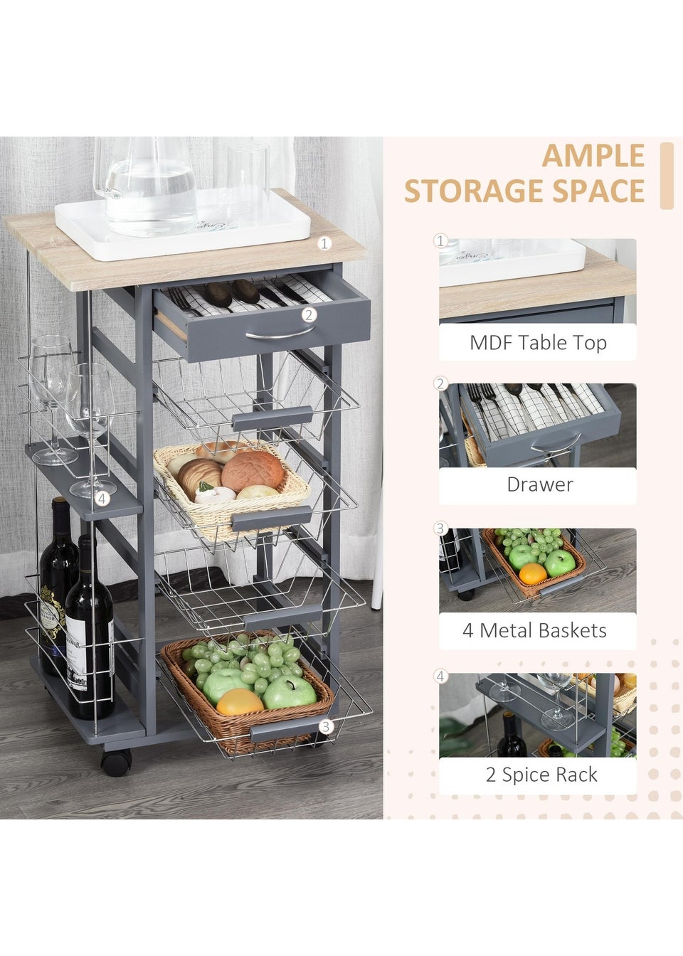 HOMCOM Grey Multi-Use Kitchen Island (47cm x 37cm x 83cm)