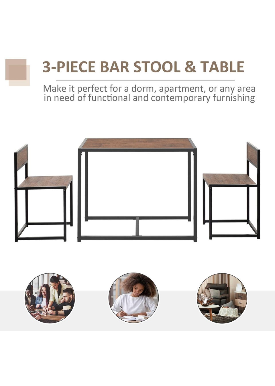 HOMCOM Brown Table Stool 3 Pcs Set (90cm x 47cm x 76cm)