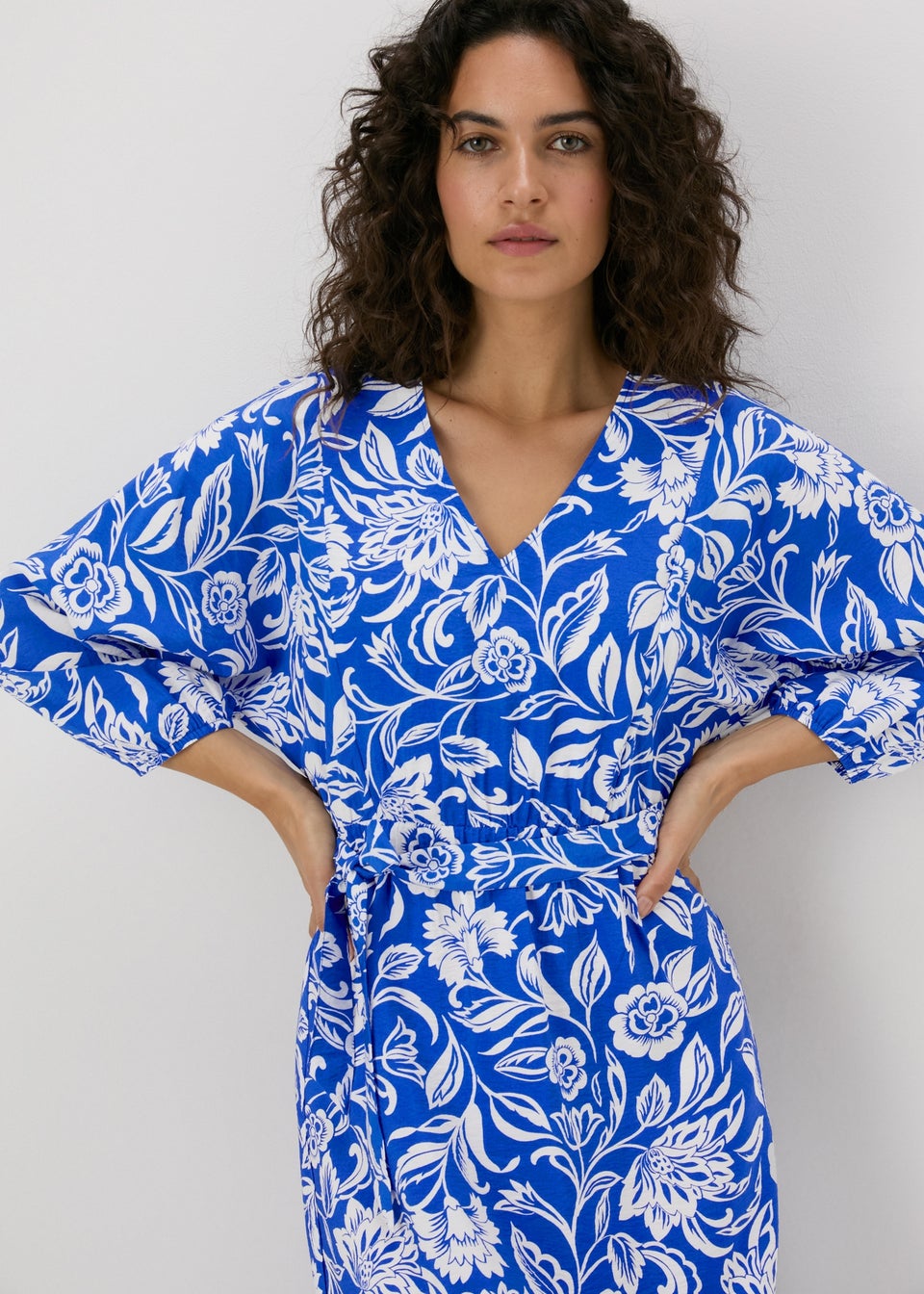 Blue Floral Print Tie Waist Midi Dress