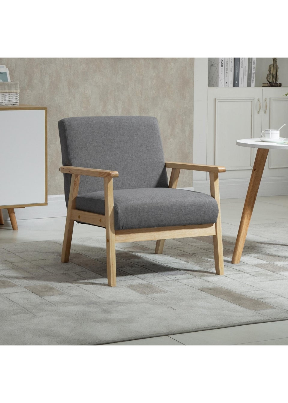 HOMCOM Grey Minimalistic Accent Chair with Linen Cushions (64cm x 70cm x 72cm)