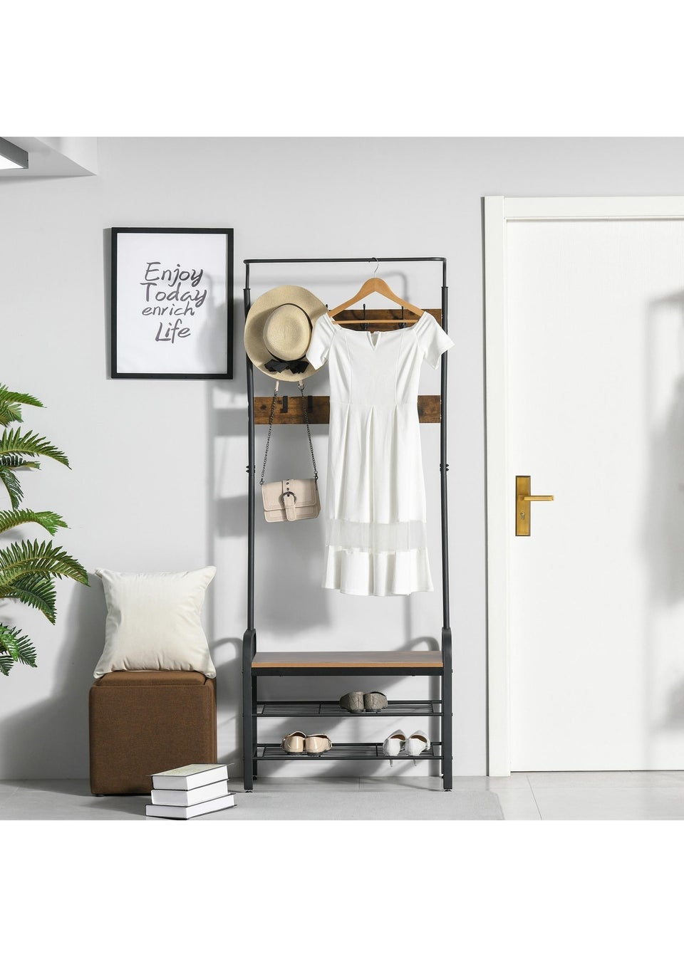 HOMCOM Natural Brown Industrial Coat Rack Stand 72cm x 34cm x 185cm Matalan