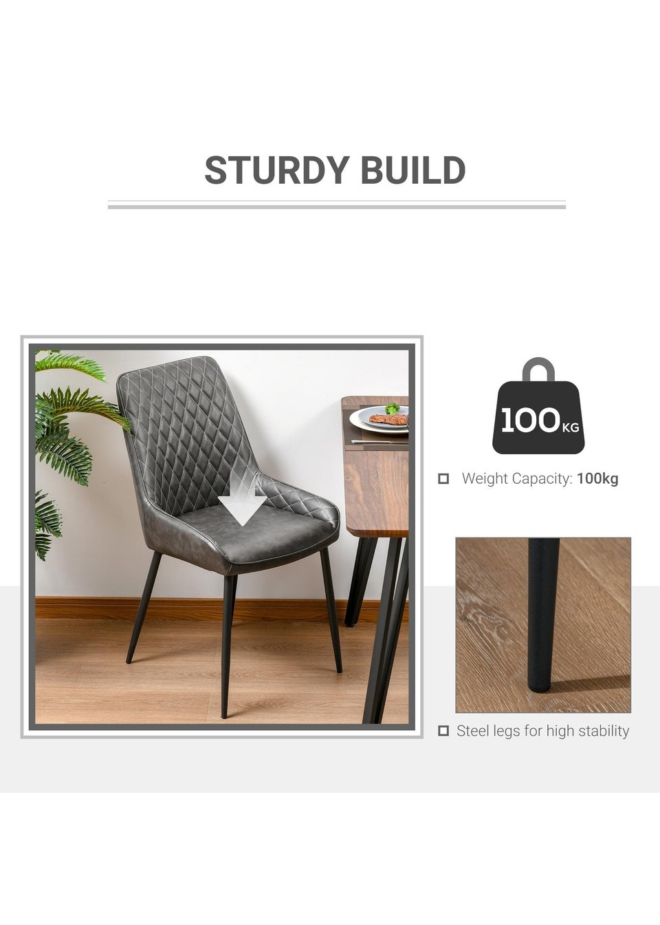 HOMCOM Grey Retro Dining Chair Set of 2 (49cm x 60cm x 89cm)