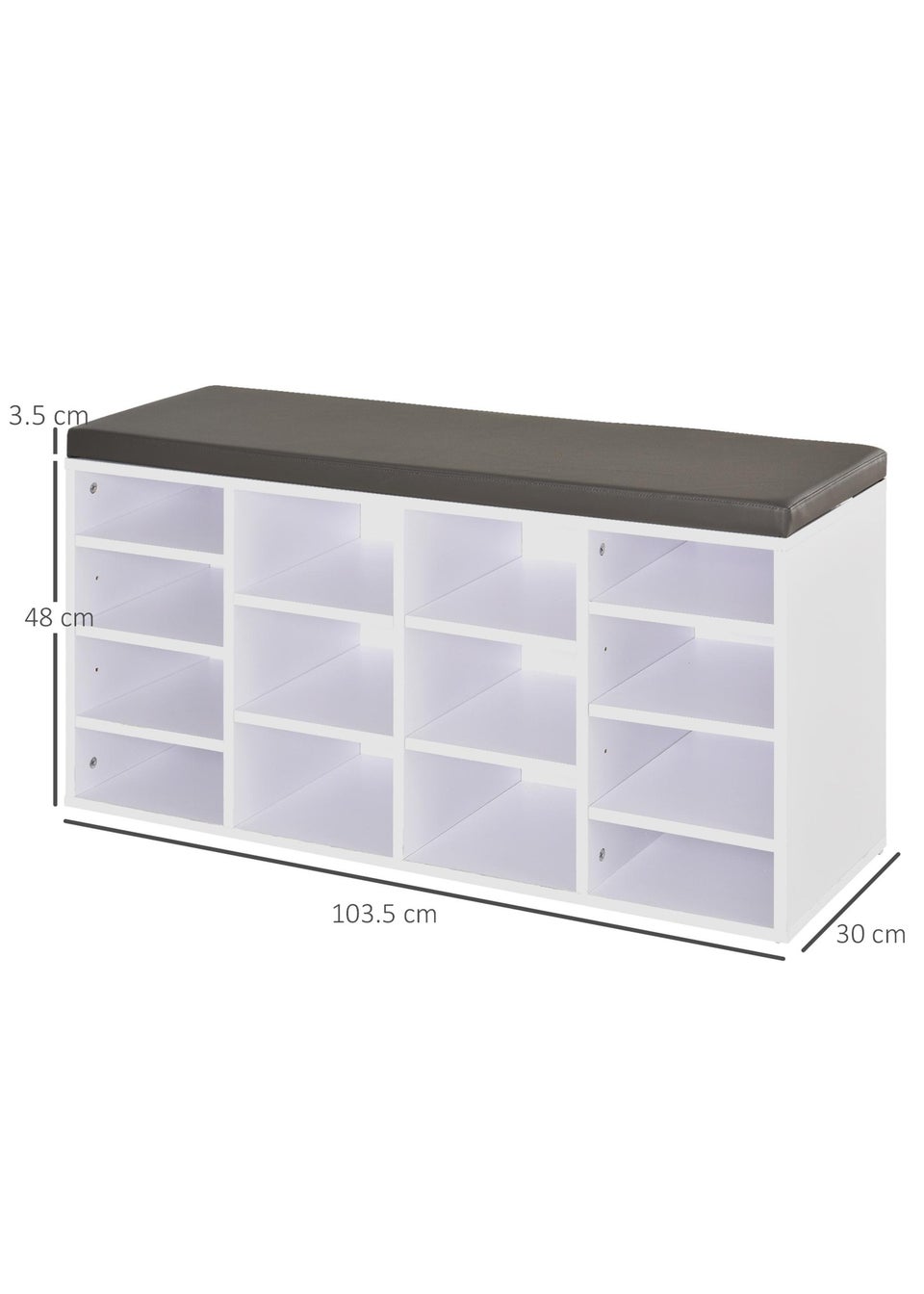 HOMCOM White Multi Storage Cushion Shoe Rack 14 Compartments 103.5cm x 30cm x 48cm Matalan